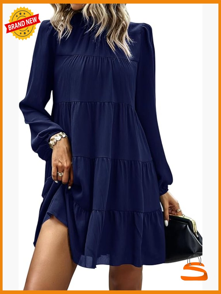 Long Sleeve Mock Neck Ruffle Swing Mini Dress Babydoll Flowy